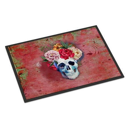 Jensendistributionservices Day of the Dead Red Flowers Skull Indoor or Outdoor Mat, 18 x 27 in. MI2550375